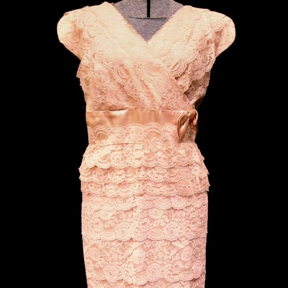 VTG 50's 60's Peach Diagonal Layered Lace & Satin Party Prom Sheath Dress MED - Picture 2 of 12